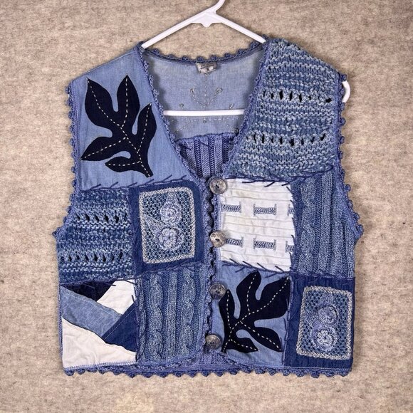 VTG Sandy Starkman Quilted Blue Patchwork Grandmacore Knit Vest Women’s Sz Small - Picture 2 of 16
